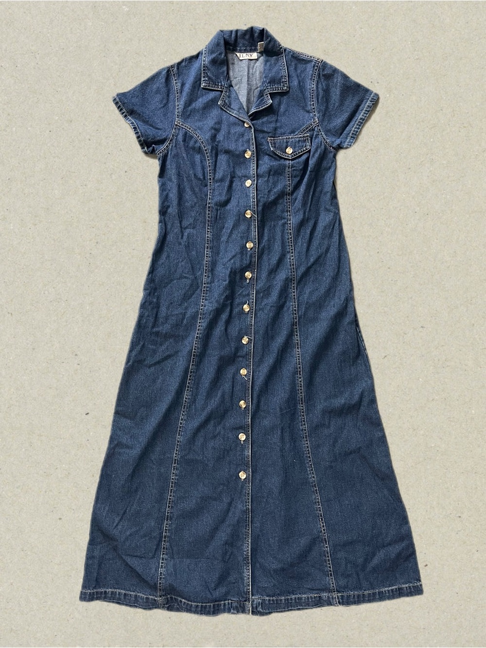 Vintage JLNY Dark Blue Denim Button-Front Long Dress size M - Classic Tie-Back